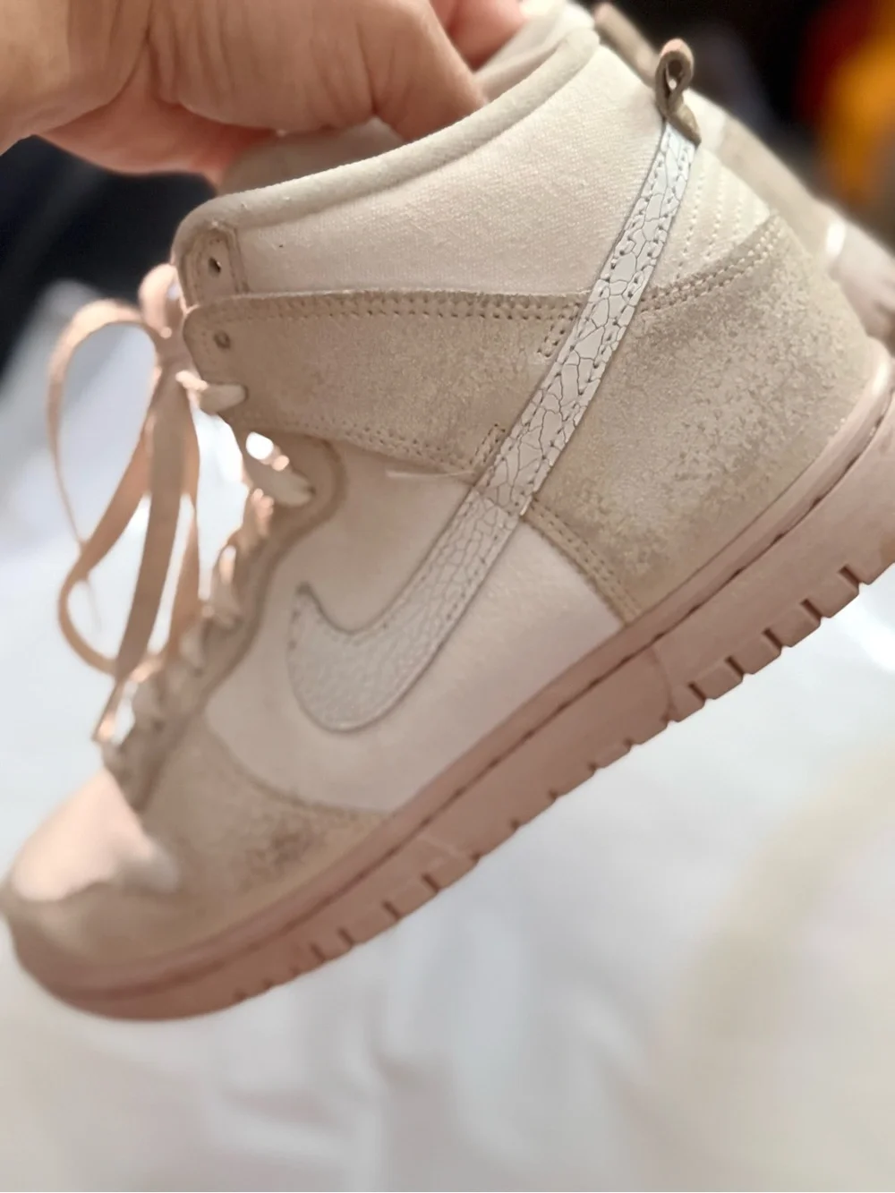 Nike Dunk High-Top Retro PRM Cracked Leather Swoosh Sneakers in Cream & White